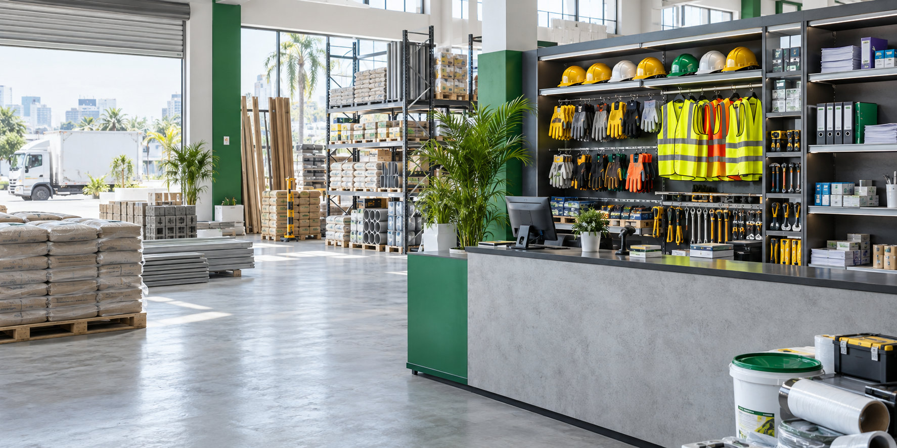 Organized supplier showroom with safety gear, tools, office supplies, and building materials